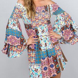 multicolored floral bell sleeve mini dress